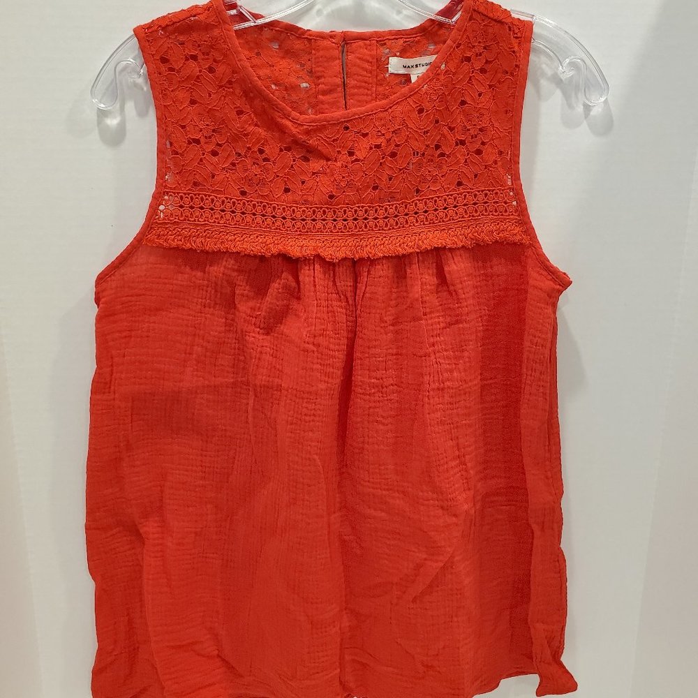 NWT-Small-Max Studio Womens Sleeveless Tank Top-Red-Lace Gauze-Light-Airy-Flowy